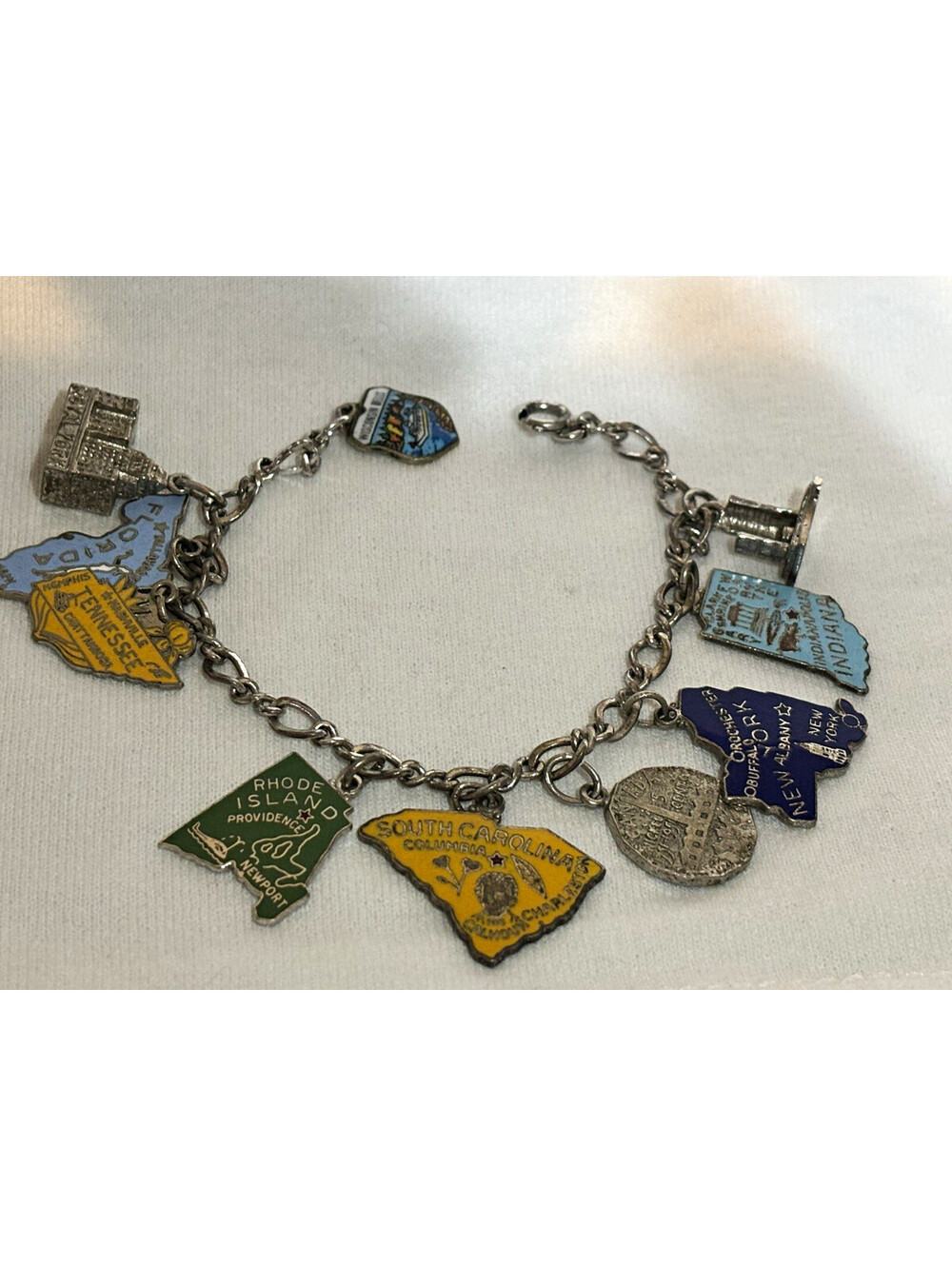 Vintage Sterling Silver Enamel State Travel Charm Bracelet 7.5” Souvenir USA